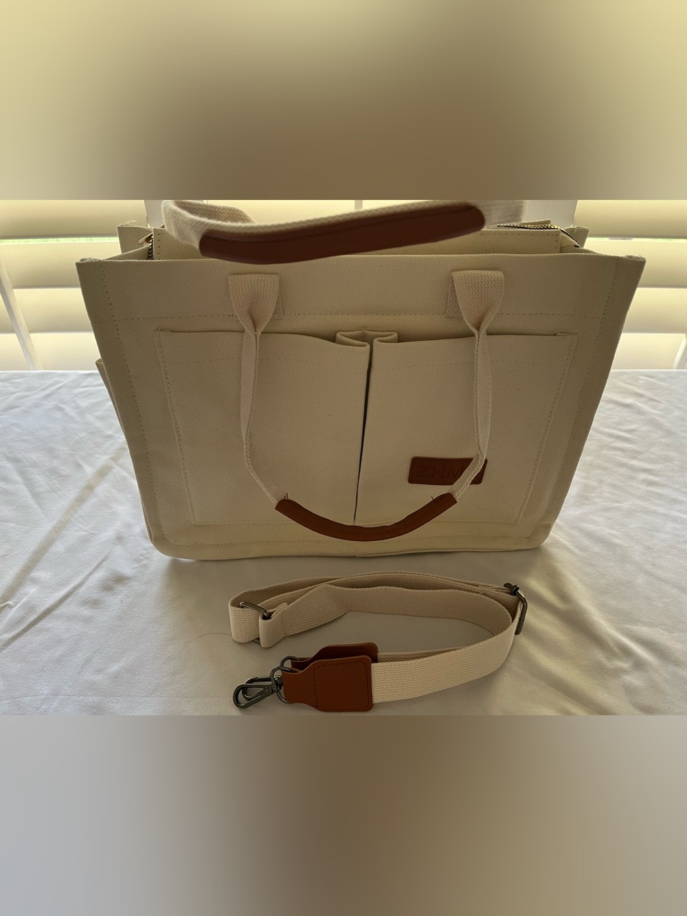 ZHMO Canvas Tote Bag Cream Work Laptop Teacher Diaper Bag w/ Strap